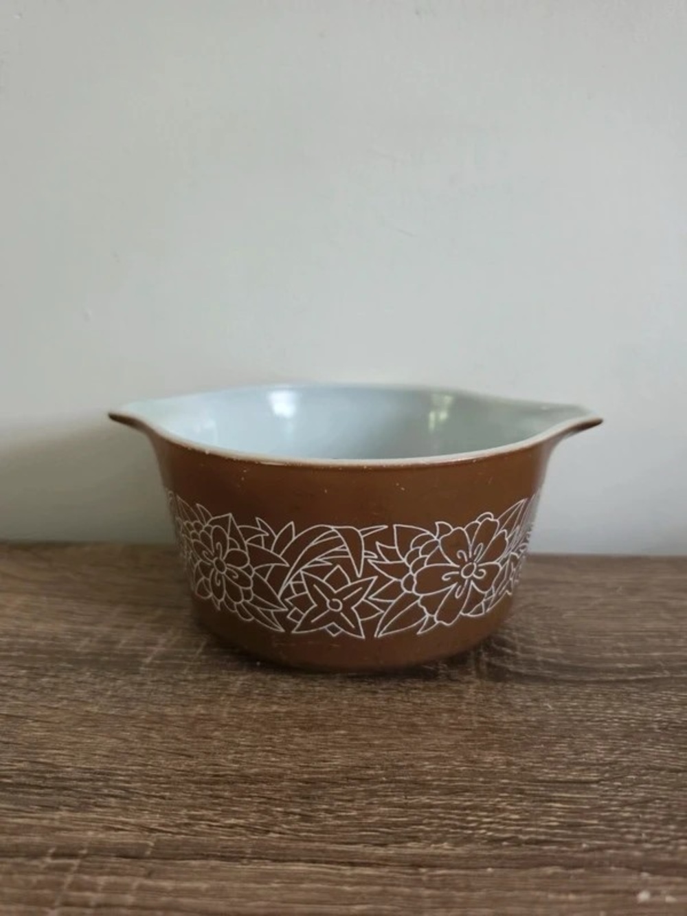 Brown Ceramic Serving Bowl with White Floral Band